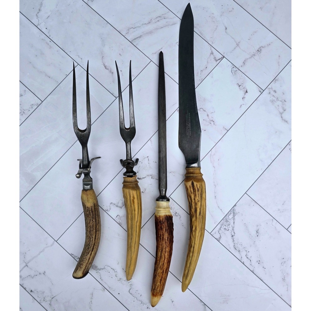 Antique Geo Wostenholm & Sons IXL Sheffield Stag Horn Handle 4pc Carving Set
